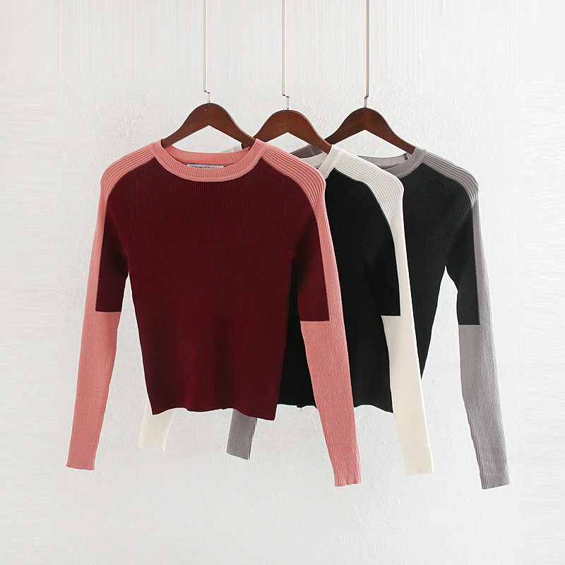 Withered winter sweaters women pull femme england simple patchwork knitting sheath o-neck short sweaters women pullovers tops