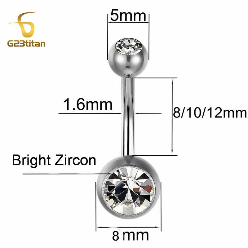 G23Titian 수술용 티타늄 벨리 버튼 링, 지르콘 배꼽 바 바디 피어싱 쥬얼리, 놈브릴 옴블리고 바벨, 14G, 8mm, 10mm, 12mm