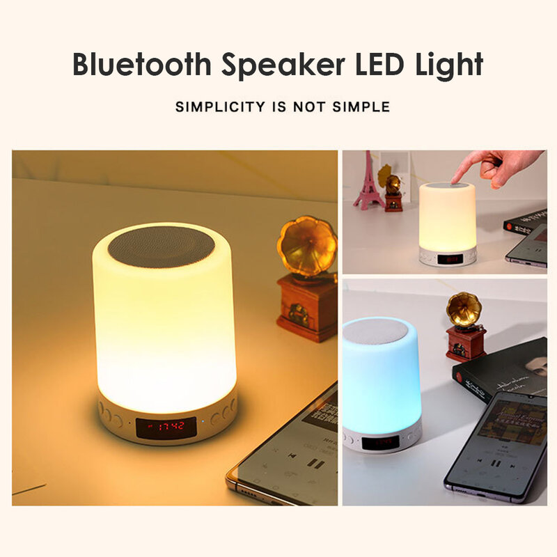 Usb recarregável led candeeiro de mesa noite toque pode ser escurecido portátil bluetooth alto-falante digital despertador natal luz da noite presente