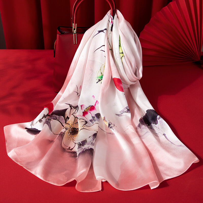 Foulard en soie 100% véritable pour Femme, écharpe imprimée de feuille de Lotus, quatre saisons, Bufanda Mujer Hangzhou, en soie naturelle, nouveauté