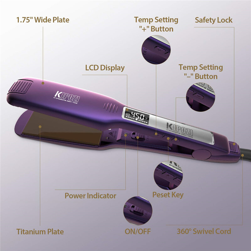 2023 KIPOZI Professional Titanium Flat Iron Hair Straightener with Digital LCD Display Dual Voltage Instant Heating Curling Iron
