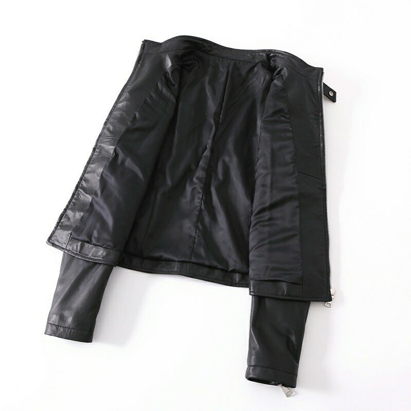 Nova jaqueta de couro genuíno de alta qualidade feminina jaqueta curta justa coreana com gola alta feminina casaco de bolso natural para motocicleta