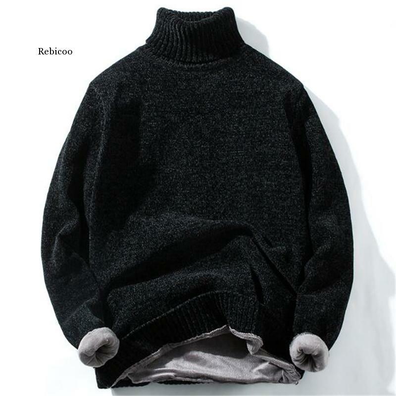 Wysokiej jakości ciepły sweter z golfem moda męska solidna dzianina w paski męskie swetry Casual obcisły sweter męski ciepły