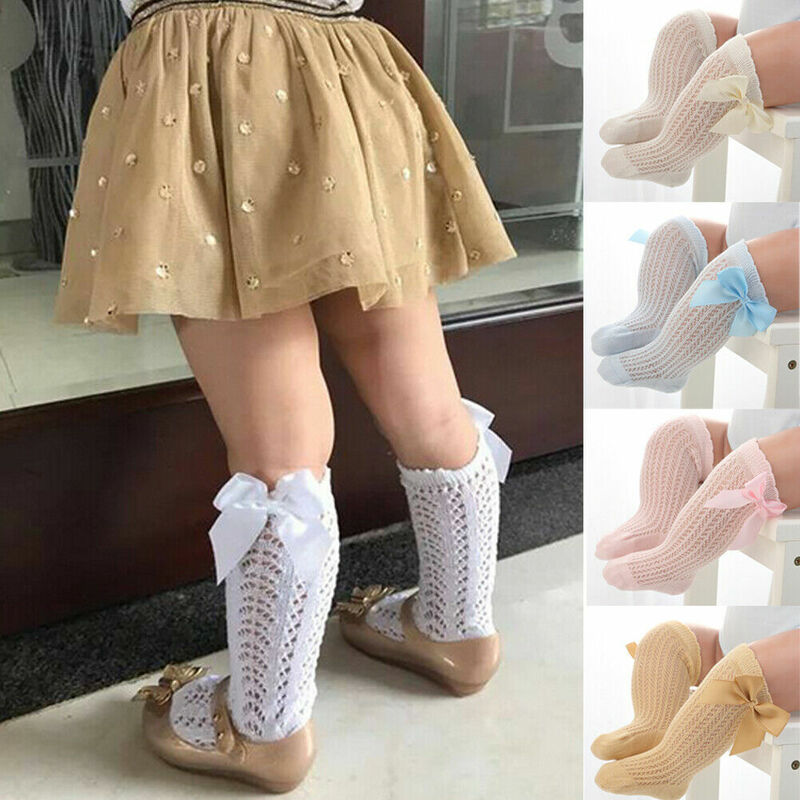 Calcetines para bebés hasta la rodilla, ajustados, calentador de piernas, lazo de cinta, algodón, color liso, elástico, 0-3Y