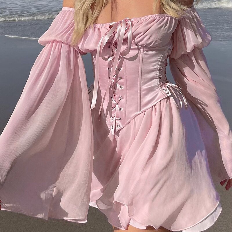 Fairy Grunge Mini vestido de chiffon rosa para mulheres, espartilho bandagem chique, manga longa vintage sundress, slash neck, dama de honra Bodycon