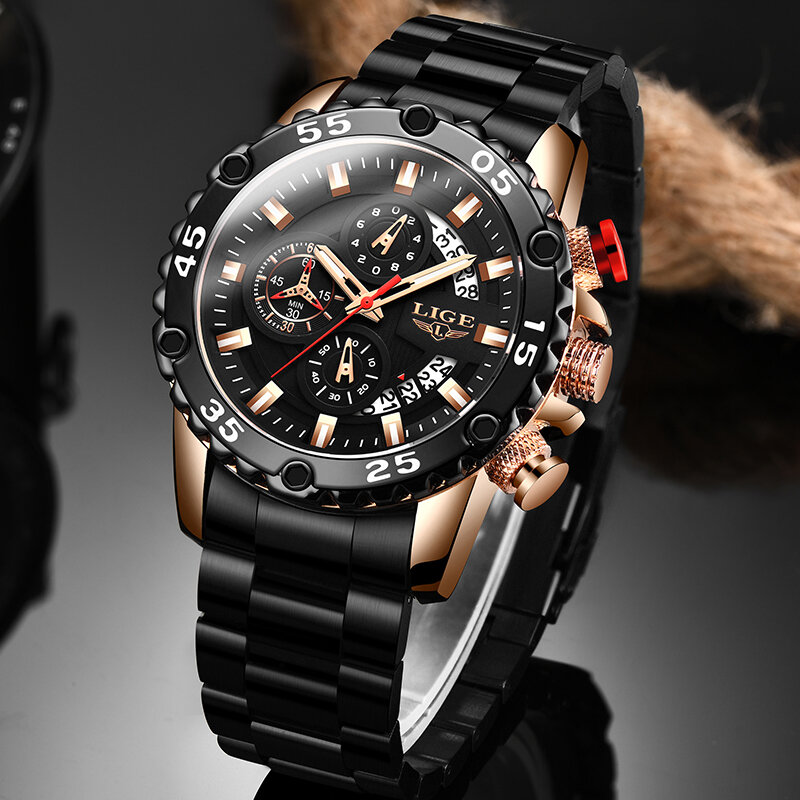 2023 Moda Mens Relógios LIGE Top Marca Relógio De Luxo Homens Aço Inoxidável Big Dial Impermeável Esporte Quartz Relógio Cronógrafo + Caixa