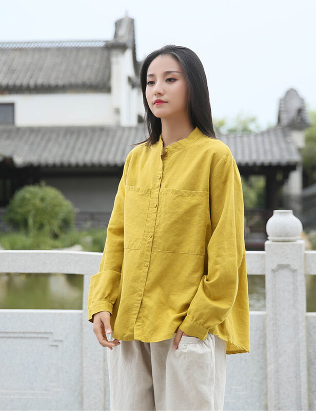 LZJN Wanita Katun Linen Kerah Berdiri Tinggi Rendah Kemeja Tombol Blus Atasan Lengan Panjang dengan Kantong