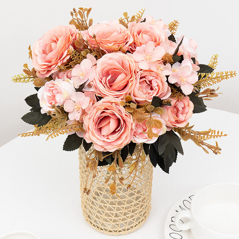 Retro Silk Artificial Rose Flowers DIY Autumn Wedding Home Decoration Christmas Arrangement Fake Peony Hydrangea Bride Bouquet