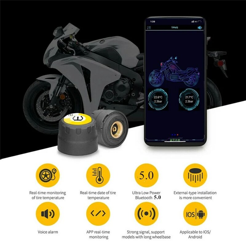 Sistema de control de presión de neumáticos para motocicleta, TPMS, Bluetooth 5,0, Sensor externo, 2 uds.