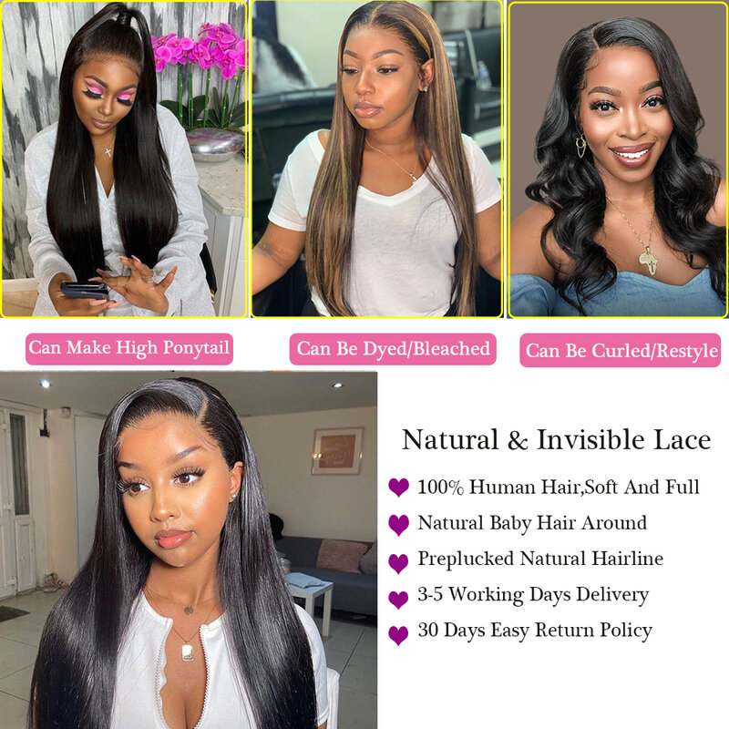 30inches Lace Frontal Human Hair Wigs 13x4/6 Bone Straight Lace Front Closure Wig For Women Pre Bleached Knots