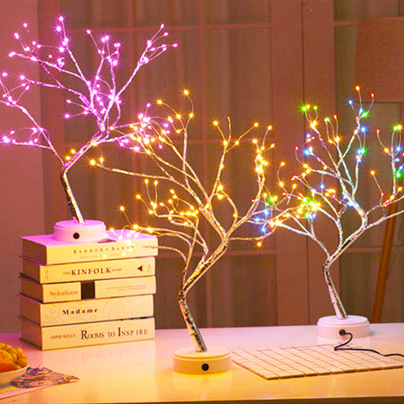 Lampu Malam LED Mini Pohon Natal Kawat Tembaga Lampu Garland untuk Anak-anak Rumah Dekorasi Kamar Tidur Dekorasi Peri Cahaya USB Bertenaga