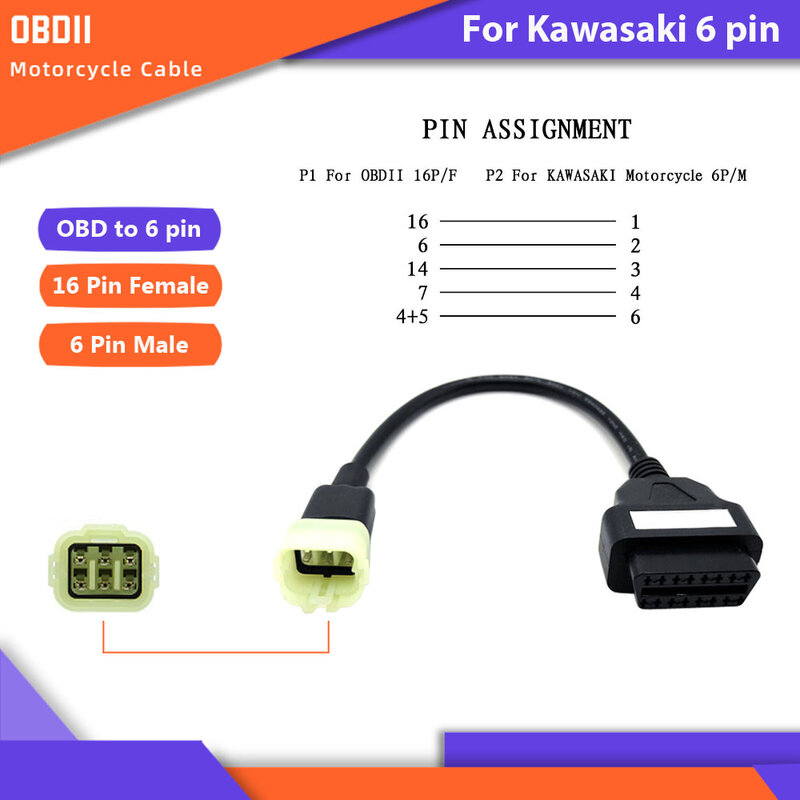 For Kawasaki 6Pin OBD Motorcycle Diagnostic Cable Motorbike 6 -16 Pin Adapter Connector