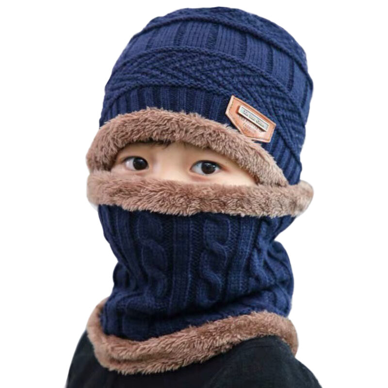 Children's knit hat scarf girls winter new plus velvet thickening baby hat outdoor warm hat boys knitted cap elasticity beanie c
