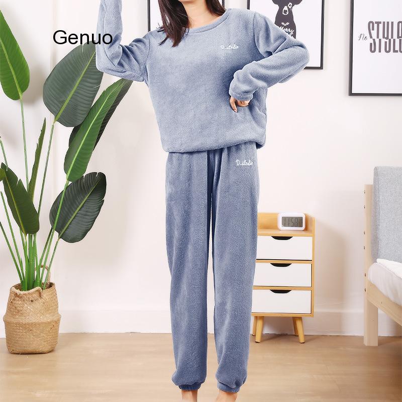 Women Pajamas Set Winter Warm Flannel Pajamas Homewear Thick  Female Sleepwear Plush Pyjamas Suit Sweatshirt Hoodies Solid Color