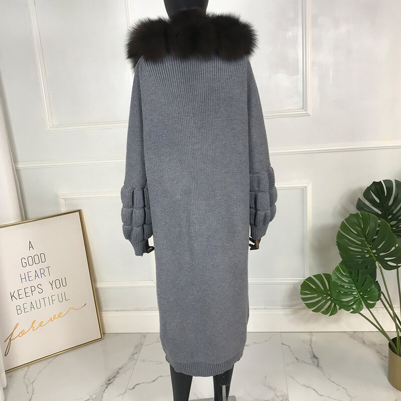 Cardigan Long en laine et cachemire pour femmes, pull à manches longues avec garniture en vraie fourrure de renard, automne et hiver