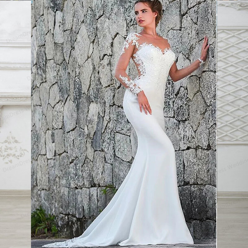 Gaun pernikahan putri duyung elegan kerah V untuk wanita 2024 gaun pengantin punggung terbuka kereta Lapangan renda tempel lengan panjang Vestido De Noiva