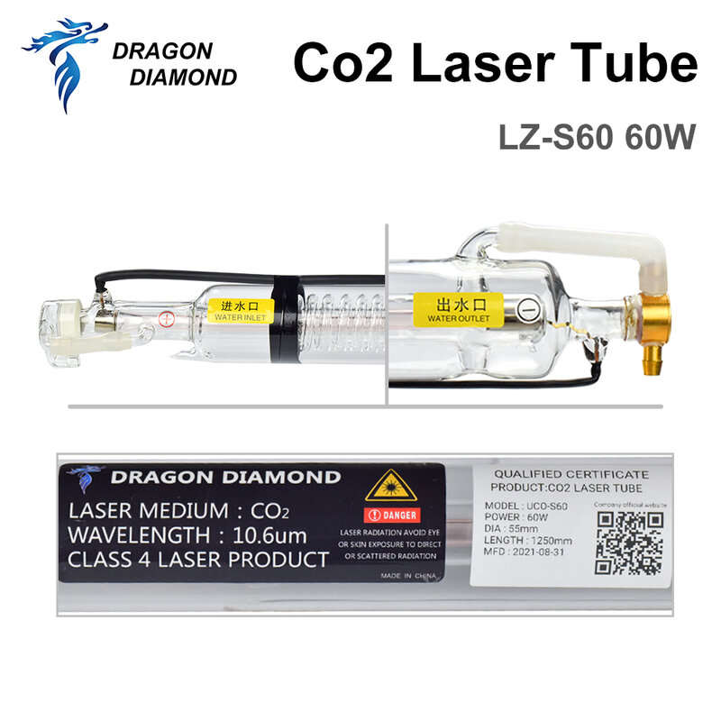 DRAGON DIAMOND 60W Comprimento Do Tubo Do Laser Do CO2 1250mm Dia.55mm Tubo De Vidro Cabeça De Metal Para A Máquina Do Laser De CO2