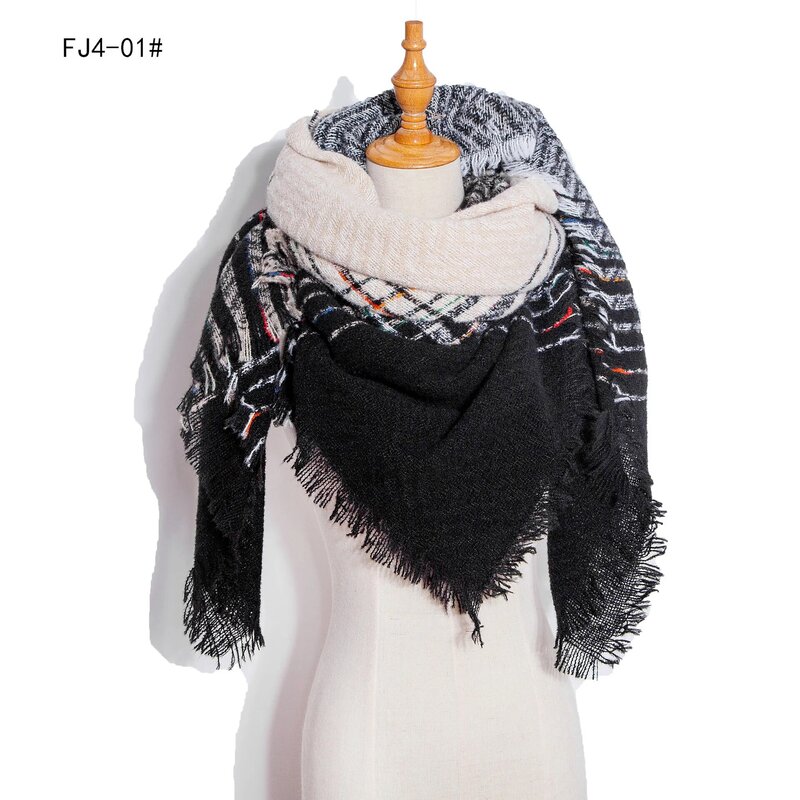 Lenço triangular de malha feminino, xale e envoltório xadrez de pashmina, lenço feminino foulard, casual feminino, inverno