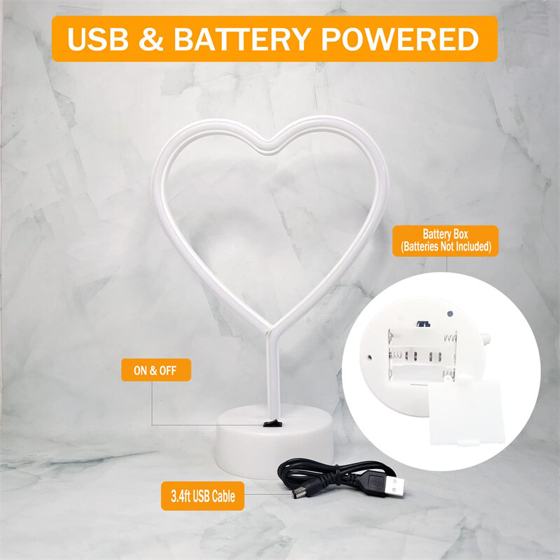Luces de neón con forma de corazón para decoración del hogar, lámpara con batería y alimentación por USB para dormitorio, fiesta, regalo de San Valentín