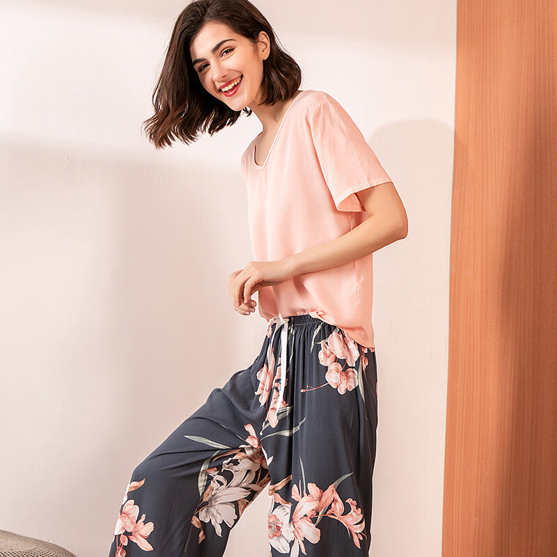 Conjunto de pijamas de verano para mujer, ropa de dormir informal con estampado Floral, Color contrastante, Tops con pantalones largos, ropa de casa