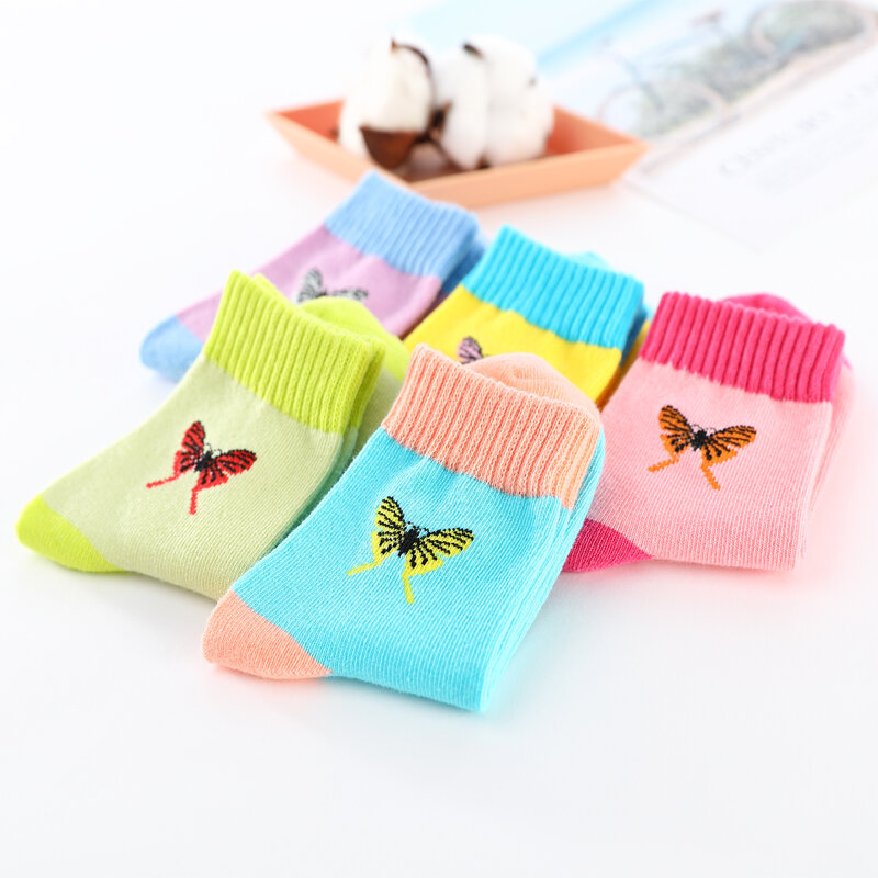 2020 новые носки для девочек, хлопковые осенне-зимние носки ярких цветов с милыми бабочками для девочек, детские Студенческие Носки