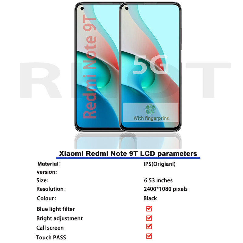 Layar LCD 6.53 "Asli untuk Xiaomi Redmi Note 9T LCD Layar Sentuh Digitizer Rakitan untuk Redmi Note 9 5G M2007J22C Layar LCD