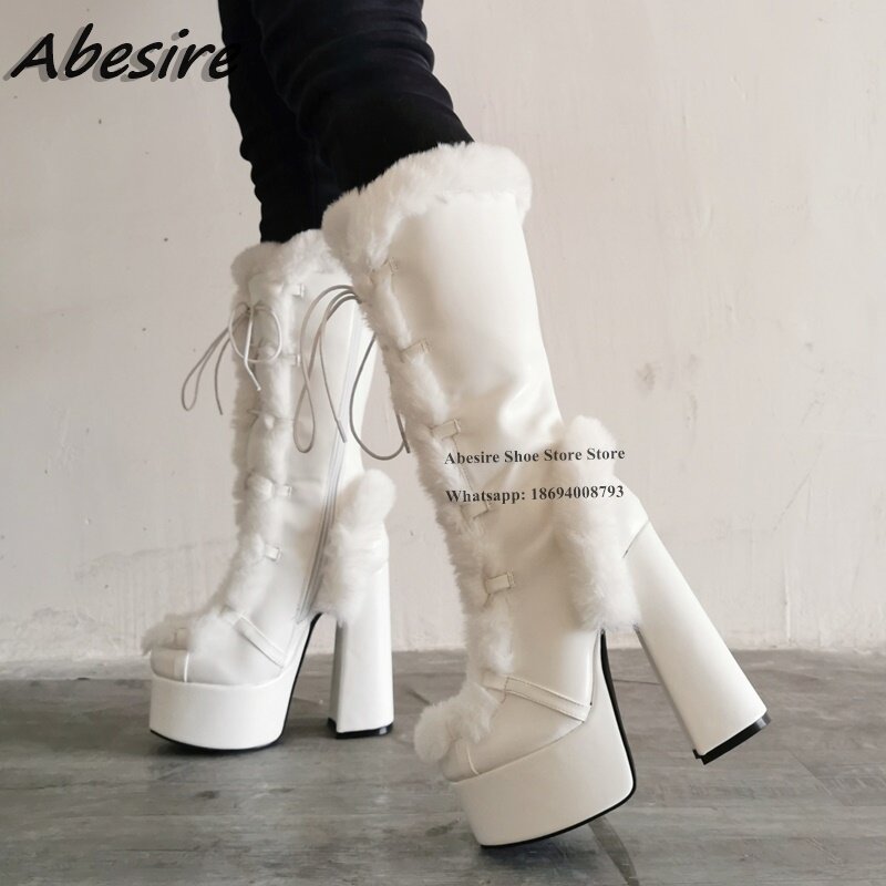 Abesire White Boots Mid Calf Lace Up Fur Decor Platform Zipper High Heel Leather Mid Calf New Autumn Winter Big Size Women Shoes