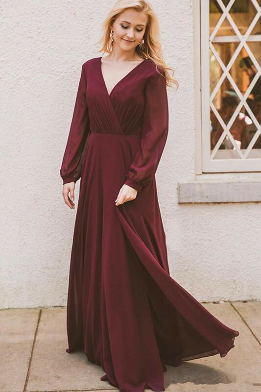 Boho V-ausschnitt Brautjungfer Kleid Lange Ärmel Rüschen Bodenlangen Abendkleid Chiffon roben de soirée vestidos elegantes para mujer