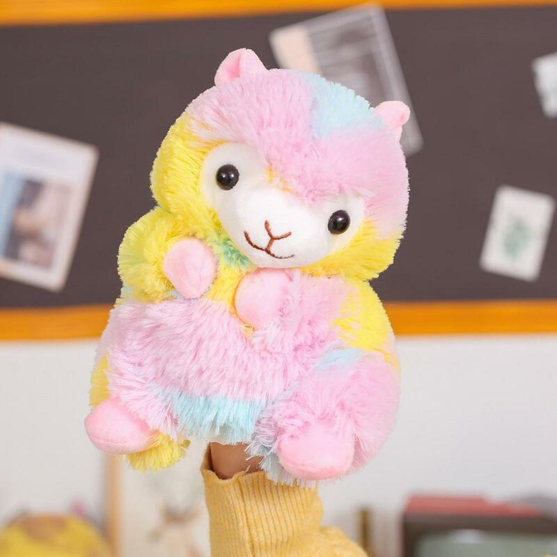 Bonito super bonito brinquedo criativo arco-íris alpaca mão fantoche brinquedo de pelúcia criança educação precoce storytelling boneca pano ovelhas luvas
