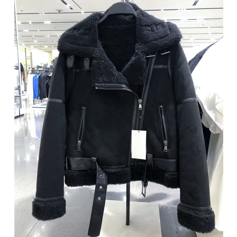 Женская замшевая куртка из овечьей кожи, повседневная черная короткая куртка из искусственной кожи, теплая верхняя одежда, зима 2022