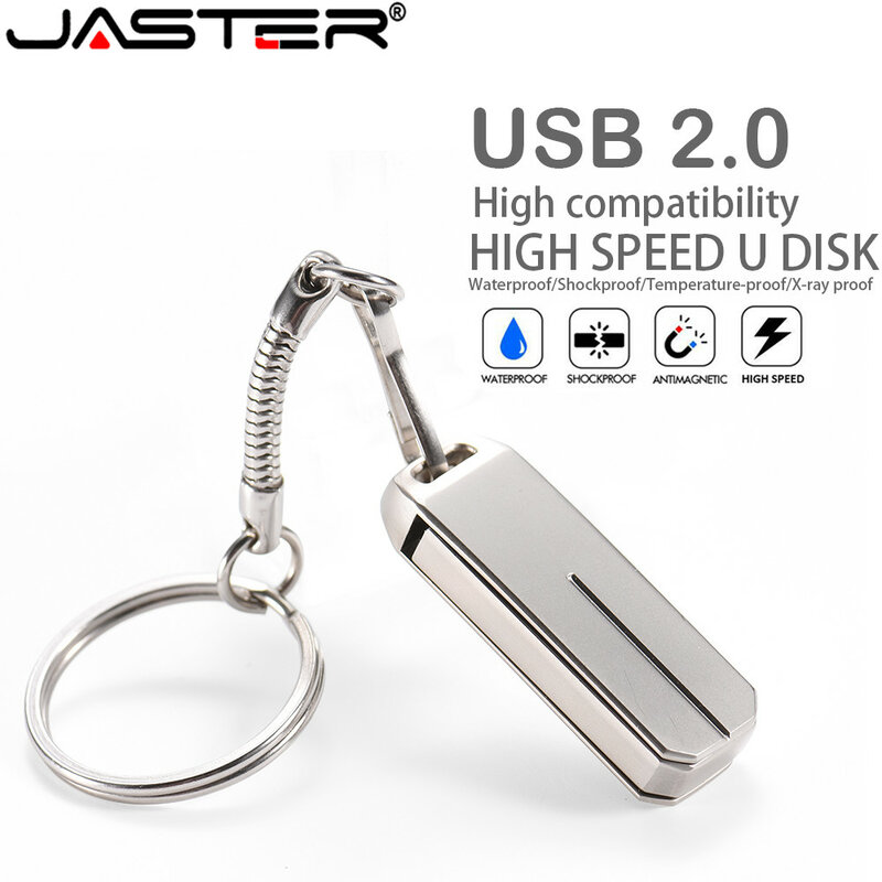 JASTER-Aço Inoxidável USB Flash Drive, Memory Stick à Prova D'Água, Prata Pendrive, Presente Empresarial, Novo, 64GB, 32GB, 16GB