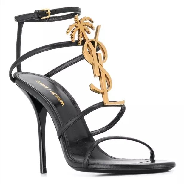 Sandalias de Cuero clásico para mujer, zapatos de tacón alto de 10cm con punta redonda abierta y logotipo de metal