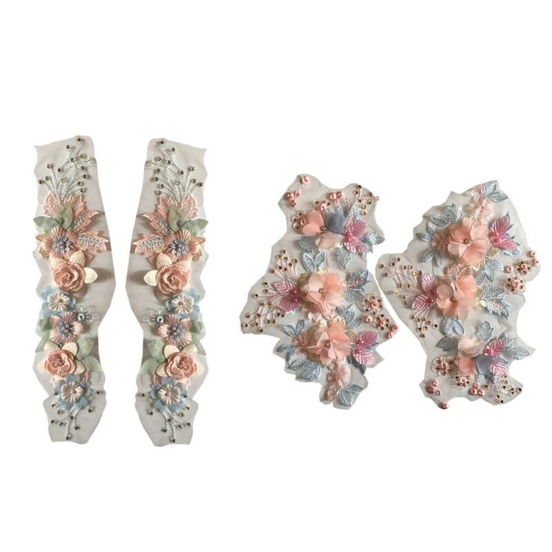 066f 2 peças bordado 3d floral aplique de renda patch delicado pérola decoração roupas de casamento acessórios de costura faça você mesmo