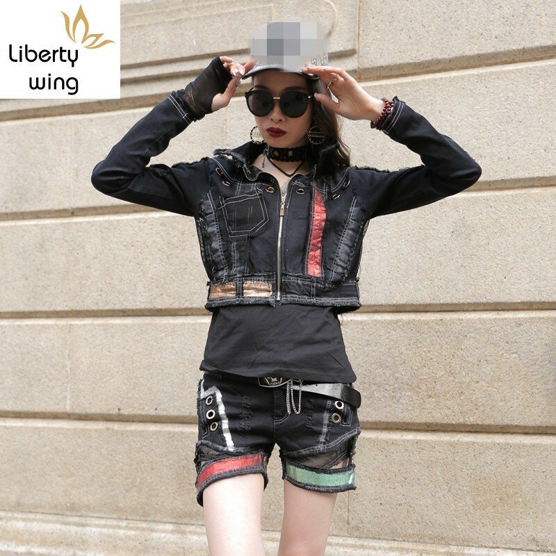 Gothic Punk Style Mesh Patchwork Women 3Pcs Outfits Top Quality Long Sleeve Slim Fit Short Jacket Coat Hole Ripped Hot Shorts