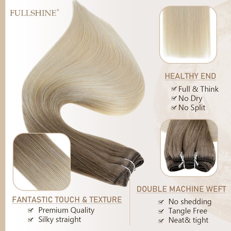 Full Shine Human Hair Weft Extensions, Pacotes de cabelo, Costurar em linha reta sedosa, Remy Skin, Double Weft for Salon, 100g