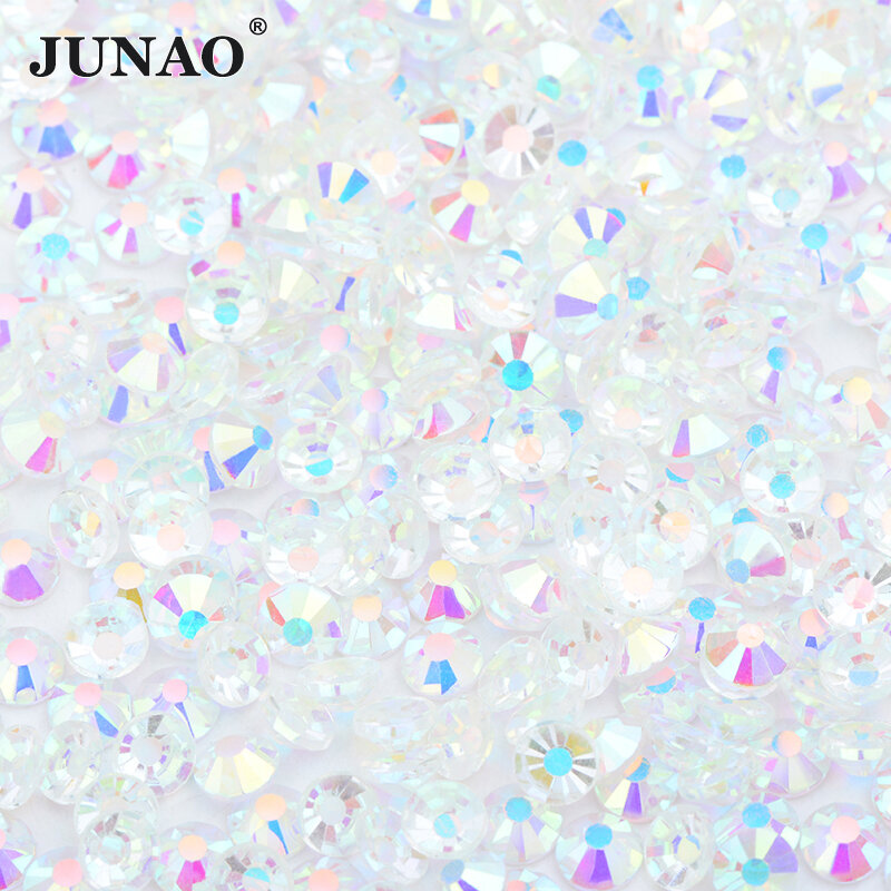JUNAO-diamantes de imitación para decoración de uñas, Cristal AB transparente con purpurina, Parte posterior plana, piedra de cristal sin fijación térmica, Strass, SS6, 8, 10, 12, 16, 20, 30