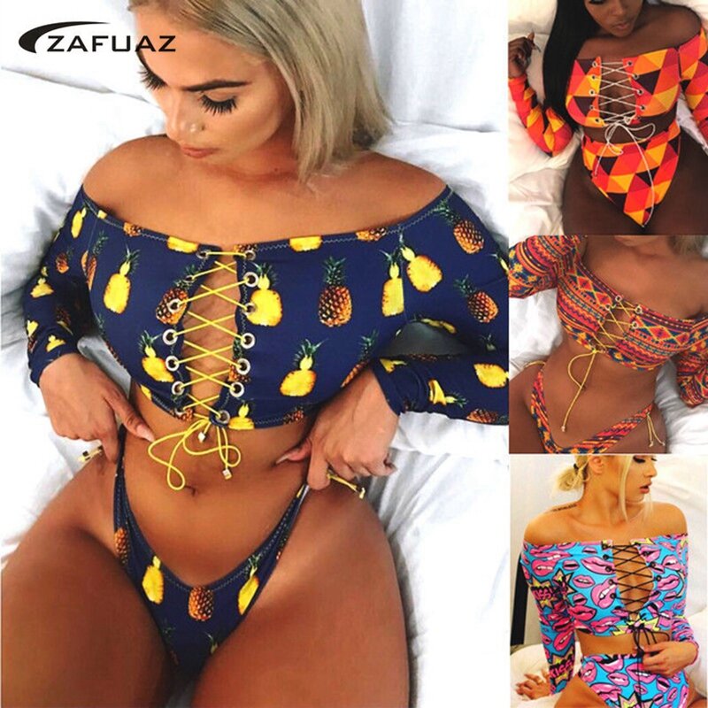 2020 Sexy Brazilian Bikini Halter Women Swimsuit African Print Bandage Swimwear Long Sleeved Bikini Set High Waist Bathing Suit