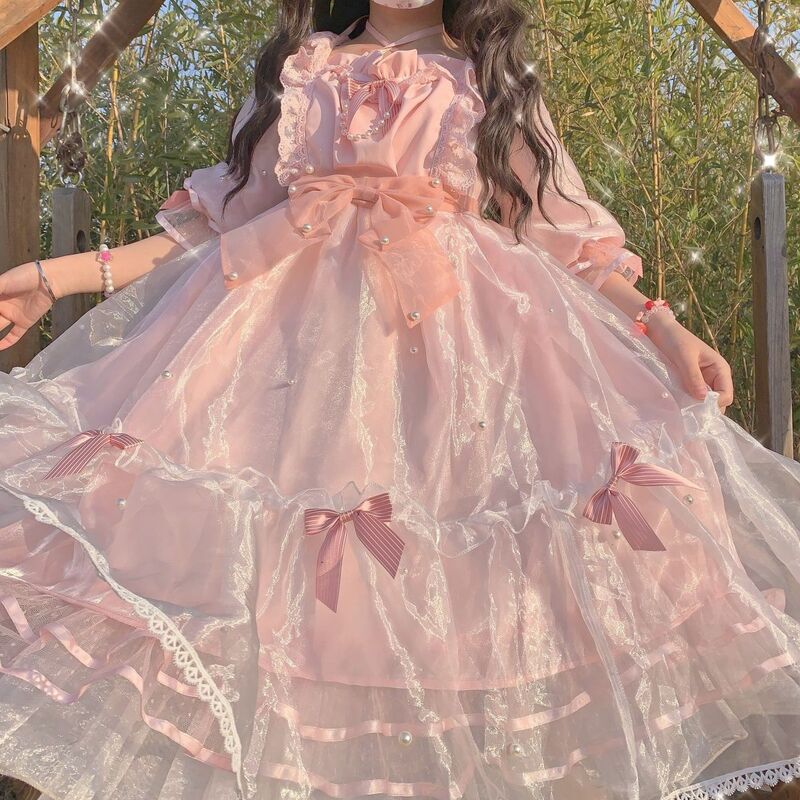 Sweet Victorian Party Lolita Dress Victorian Pearl Vintage Bow Ruffles Wedding Kawaii Princess Dresses Elegant Pink Lolita Dress