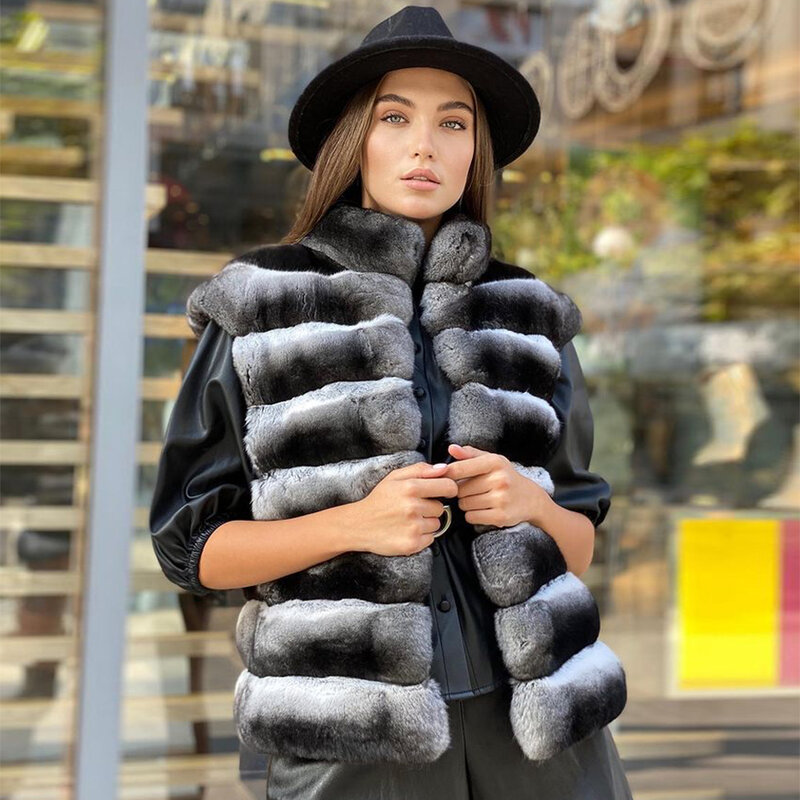 Chinchilla-chaqueta de piel de invierno para mujer, abrigo de piel de conejo Rex de manga desmontable, talla grande, personalizable