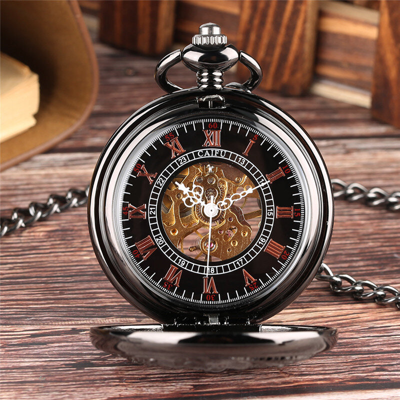 Steampunk preto oco duplo guindaste unissex handwinding relógio de bolso mecânico numerais romanos exibição pingente presente