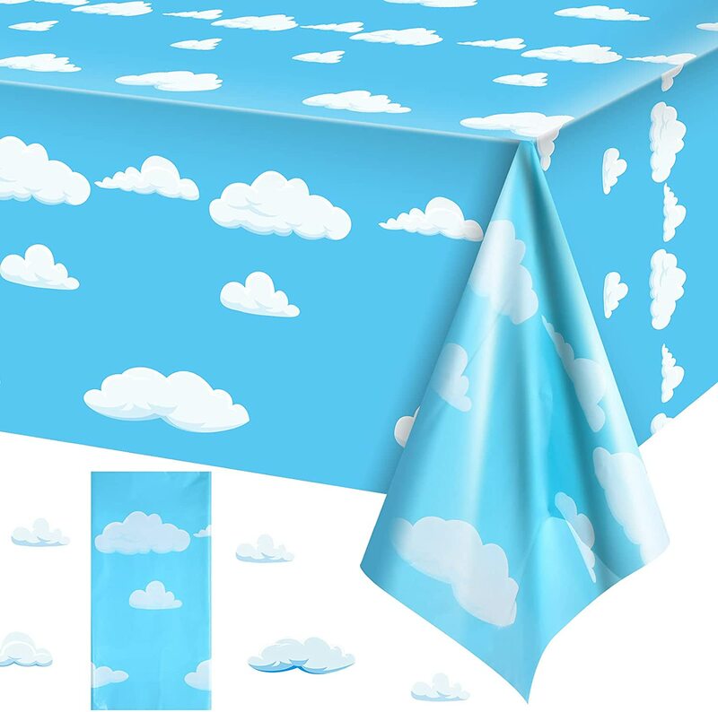 Mantel desechable con nubes blancas y cielo azul para niños, cubierta de mesa, recuerdo de Historia de dibujos animados, decoración de Festival de cumpleaños