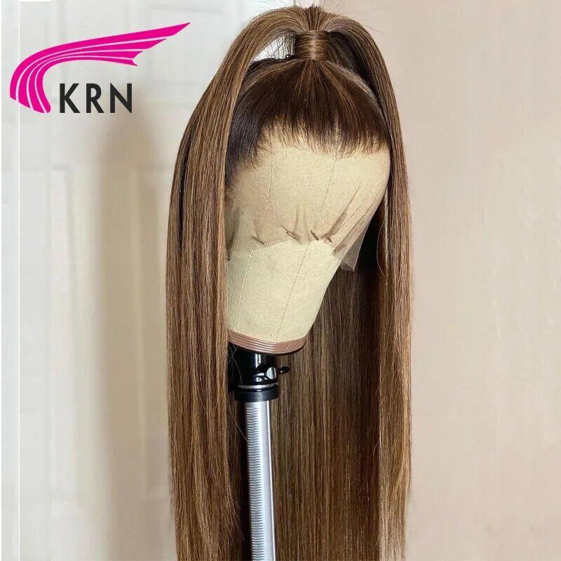 KRN Wig renda 13X4 berwarna coklat Ombre Wig renda penutup rambut lurus sutra Wig dengan bagian gratis Wig rambut Brasil tanpa lem