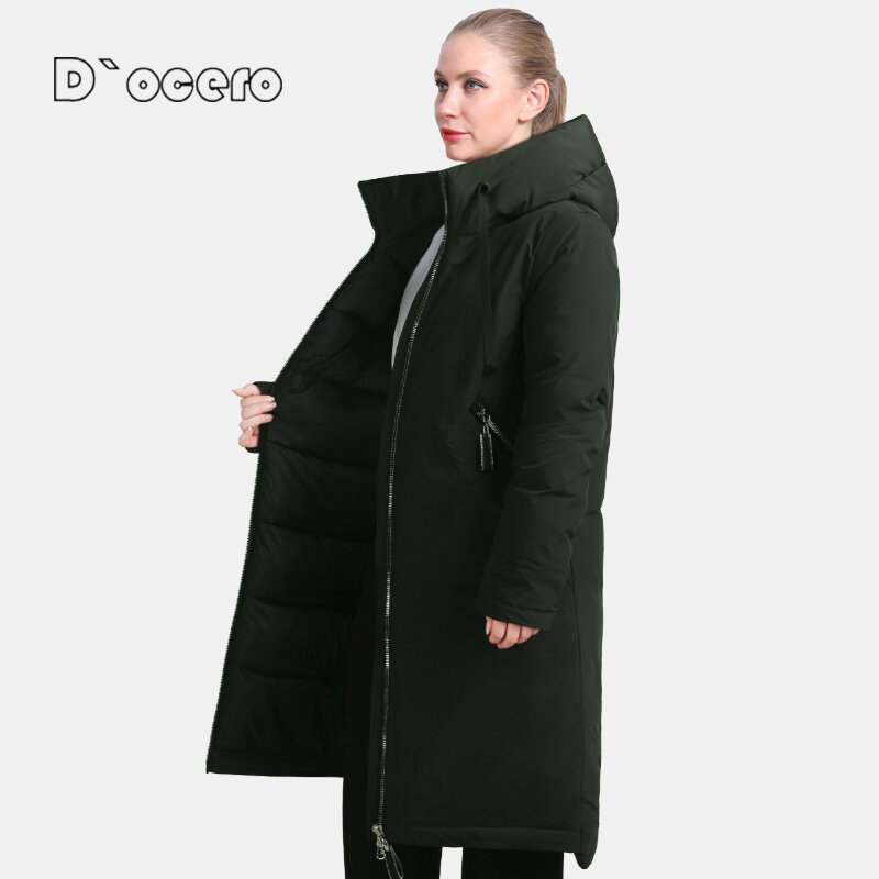 D'OCERO 2022 Winter parki kobiety Oversize z bawełny kobiet dół kurtki ciepłe profesjonalne stałe pikowane płaszcze z kapturem długa odzież wierzchnia