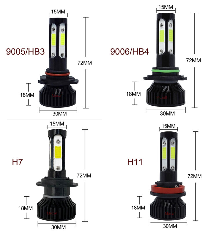 미니 LED 자동차 전조등, 4 면 COB 20000LM 80W H4 H7 H1 H3 H8 H11 9005 9006 3000K 6000K, 2 개