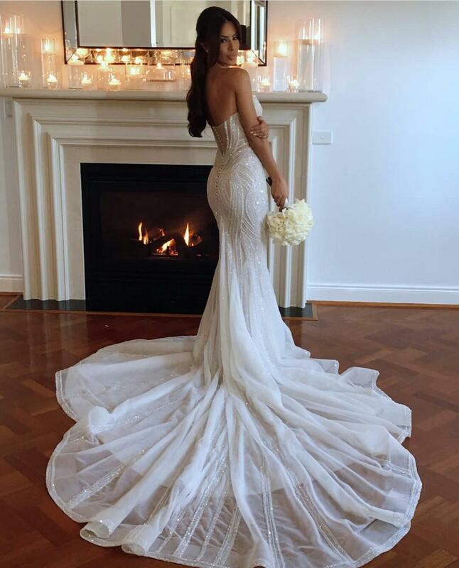 Блестящее свадебное платье-Русалка es, сексуальное свадебное платье без рукавов со шлейфом и открытой спиной, блестки в виде сердечек