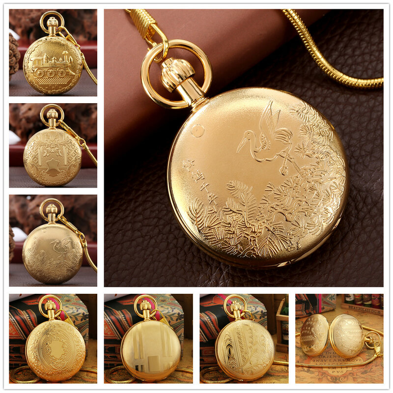 Reloj de bolsillo mecánico de viento automático para hombre, colgante de lujo, Retro, elegante, cobre dorado, antiguo, regalos con cadena