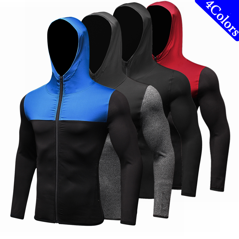 Qualidade jaqueta de corrida dos homens boné hoodie camisa de futebol compressão de fitness apertado rashgard t-shirts ginásio musculação