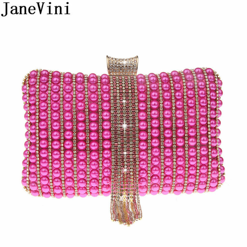 JaneVini-Bolsos de lujo con perlas y diamantes de imitación plateados para mujer, bolsos de diseñador hechos a mano con cadena, bolso de mano para vestido de boda