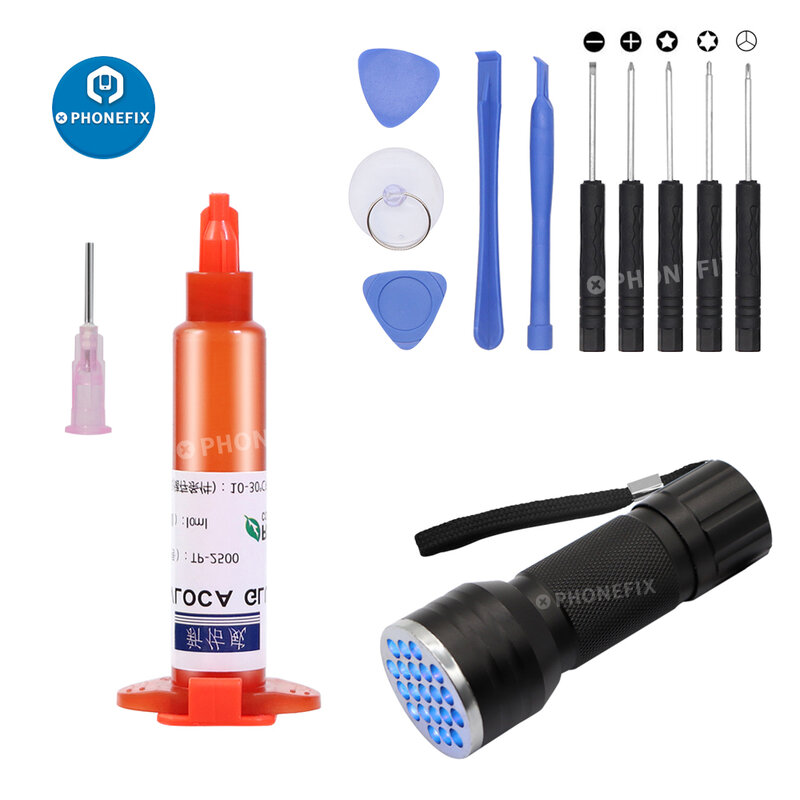 Tp-2500 adhesivo óptico transparente líquido, pegamento UV, juego de destornilladores con luz de corte UV para reparación de pantalla de vidrio de teléfono, 5ml, 10ml
