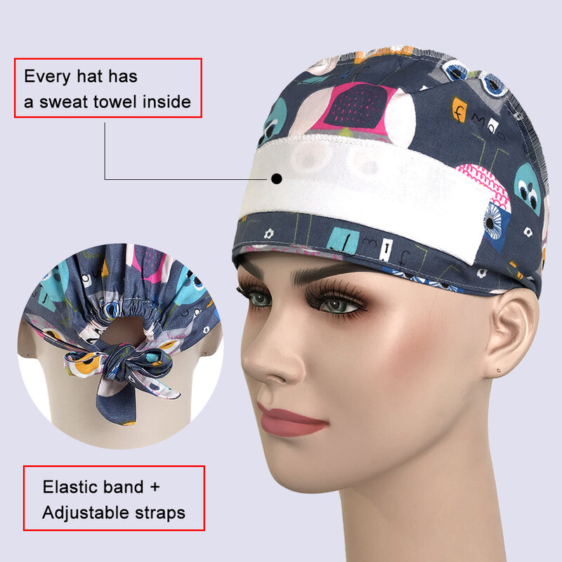 Viaoli-医師と看護用の帽子,ユニセックス,実験室での作業用の調節可能な帽子,印刷された歯の綿,かわいい,ペット用の包頭